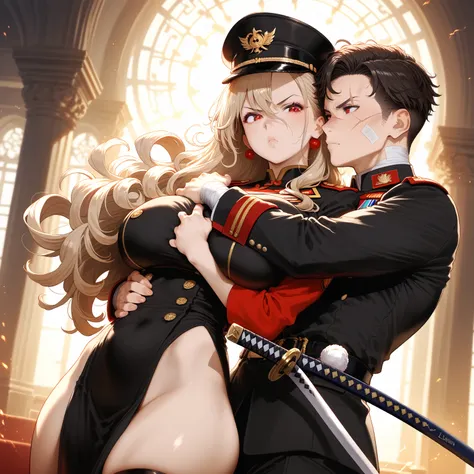  tall dragon woman   ,   pelo pig  ,   red eyes with yellow details   ,  big breasts and thighs  ,  black military uniform  , (hugging a  boy from behind)  , (a scar on the right cheek from the bottom up ) ,  con black military uniform  , eyes with black b...