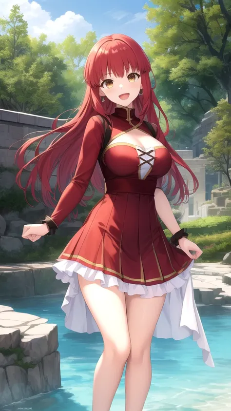 masterpiece, best quality, highres, girl, solo, looking at viewer, Shirou Emiya, Red hair, Brown Eyes, large breasts, princess connect Re:Dive cosplay, princess Dress, standing, smile, open mouth, outdoors 