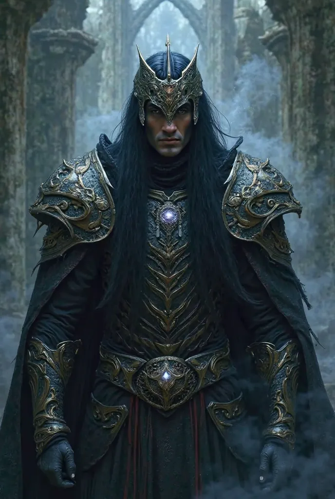 man's long hair black fantasy armor