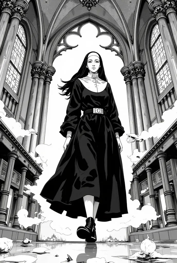 A nun is walking in a cathedral, close on her feet wearing a nun's shoe,( black and white manga art style)