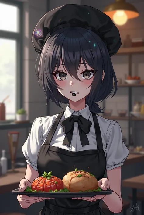 A goth women with pale skin like a swan and dark eyes like the cosmos, dark makeup around her eyes and black lipsticks. Wearing a apron and a hat in a restaurant holding a tray of food as she frowns and scowls. Anime girl