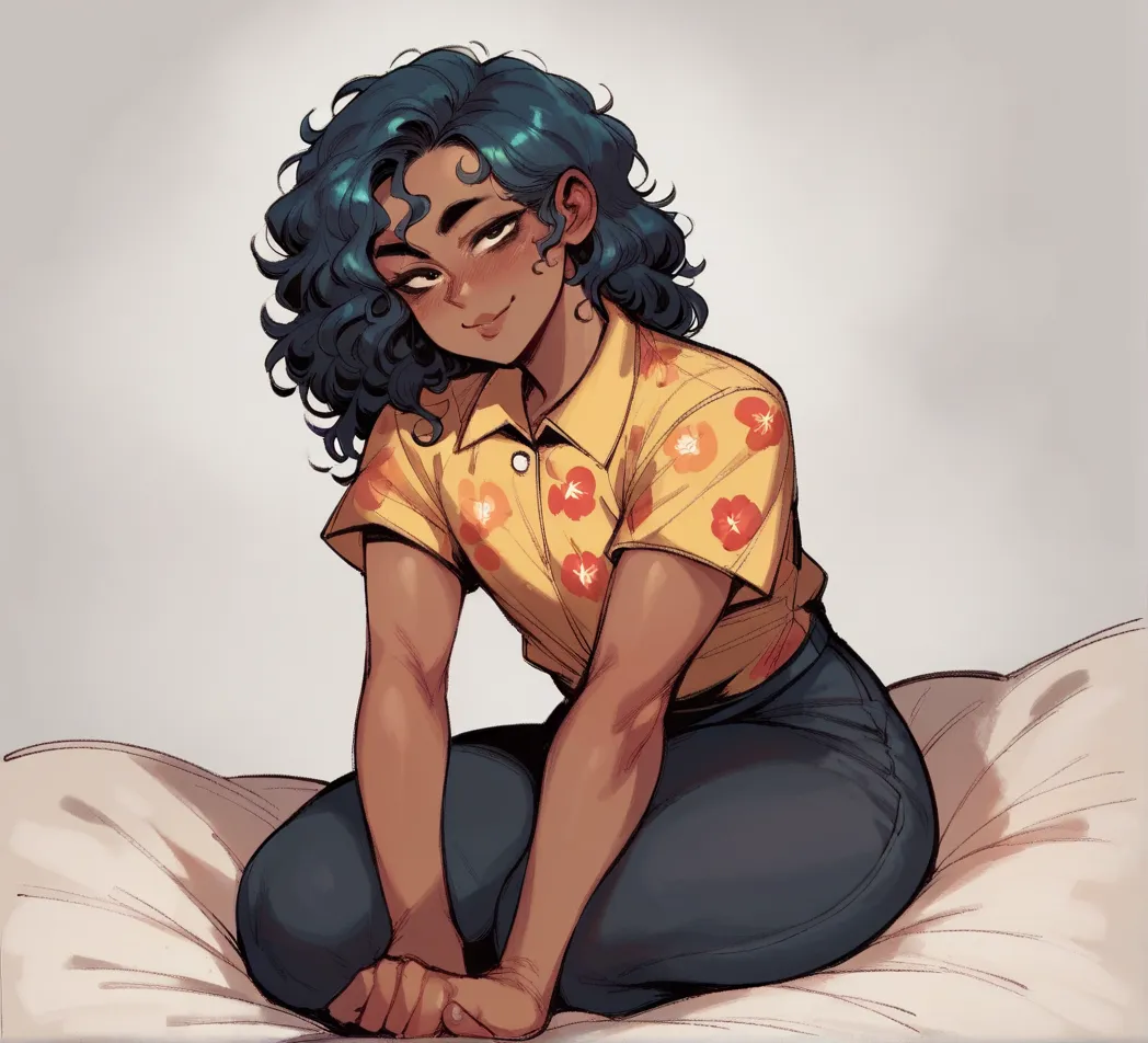 Cute Femboy sitting in bed looking at viewer, shoulder length dark wavy hair, olive tanned skin, curled up pose, light blue short sleeves Hawaiian shirt, black pants, barefooted with another Femboy with short curly hair, pale skin, wearing pijamas.