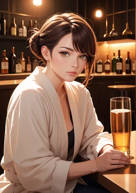 ,nsfw,fat old man,bar counter,1 girl,low bun,brown hair,brown eye,short hair,swept bangs, expressionless, her eyelids heavy,sit,Alcohol,white bathrobe,night,,looking away,Gangbang,nsfw,fat old man