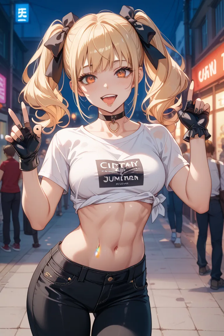  eye color is orange、blonde twintails、A face with saggy eyes and a quiet impression、Black nails、I'm wearing open finger gloves、My abs are fluttering 、I'm tightening up my clothes so I can see my stomach at a glance、 Yandere Expression 、A girl with minefiel...