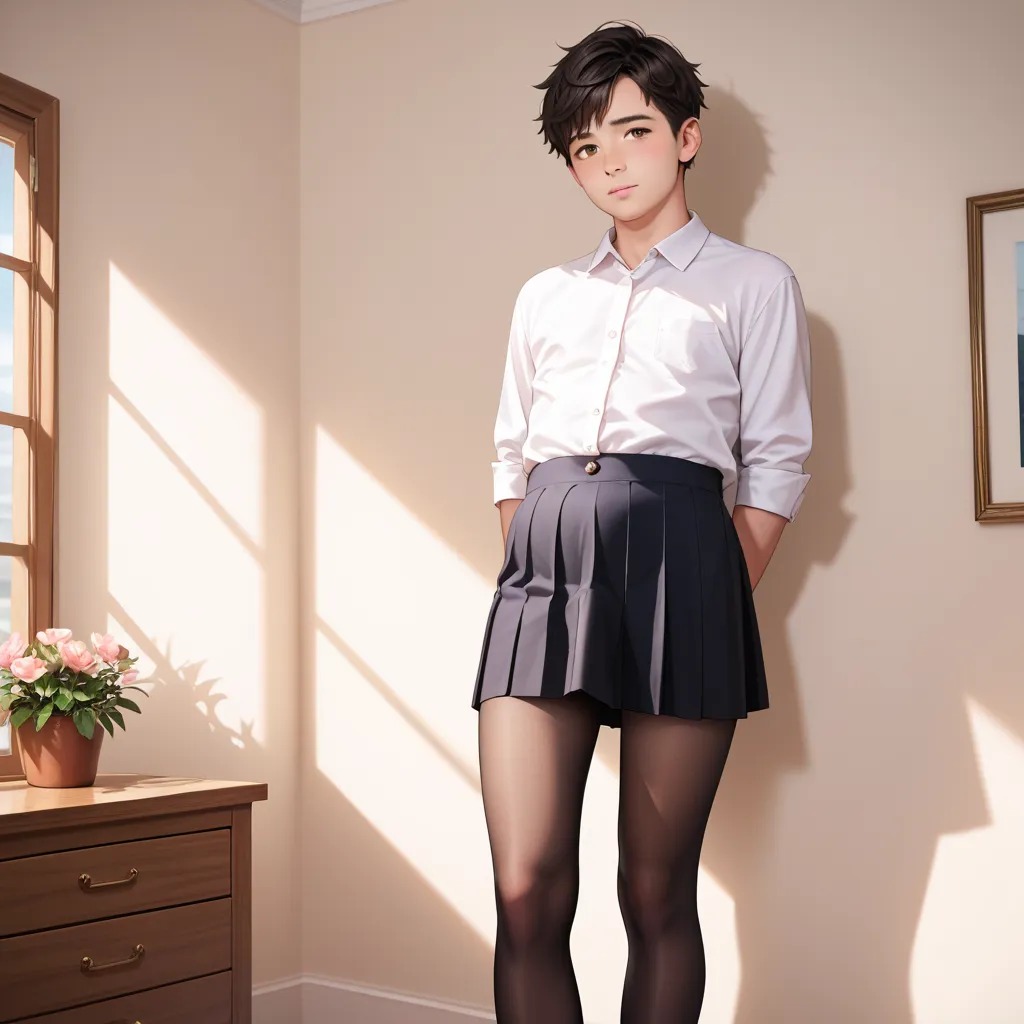  1femboy, (Fat:0.75), stands on his feet, very short male black hair,  brown eyes, white shirt, black tights, black skirt knee length,  white sneakers, shy,  decent