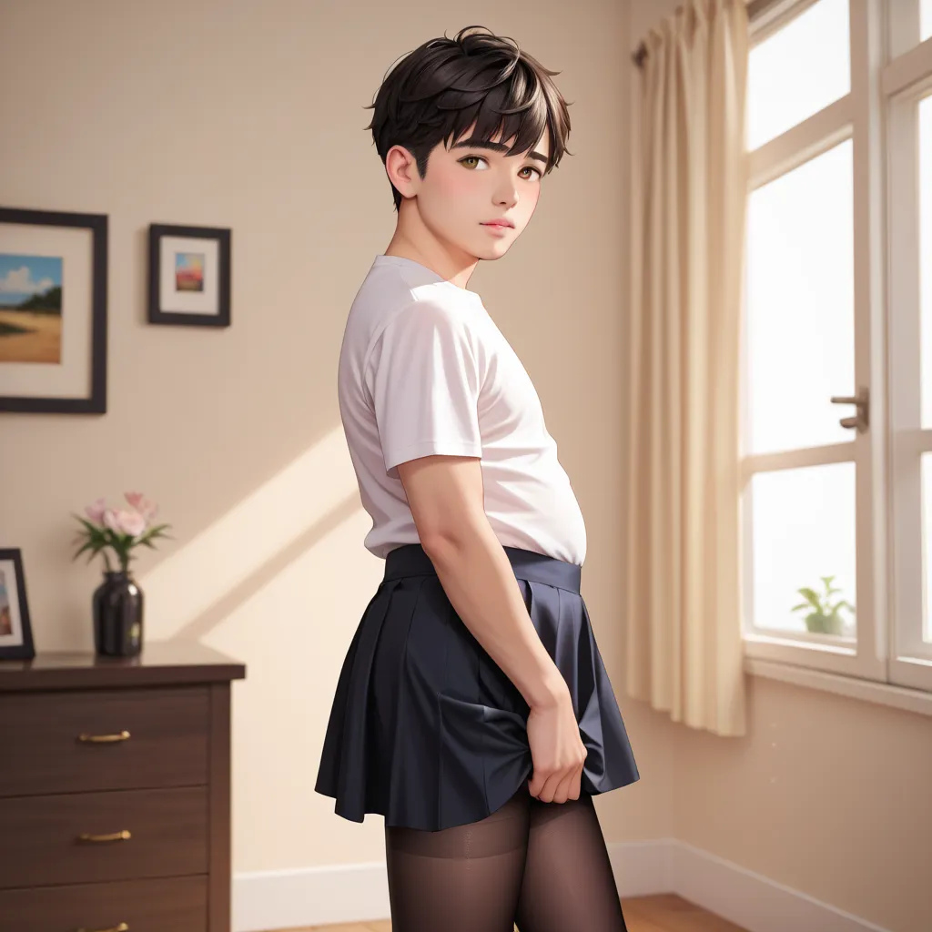  1femboy, (Fat:0.75), stands on his feet, very short male black hair,  brown eyes, white shirt, black tights, black skirt knee length,  white sneakers, shy,  decent