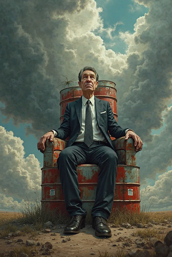 A comical cartoon of a human in formal attire sitting on throne-shaped oil barrels and polluted clouds behind