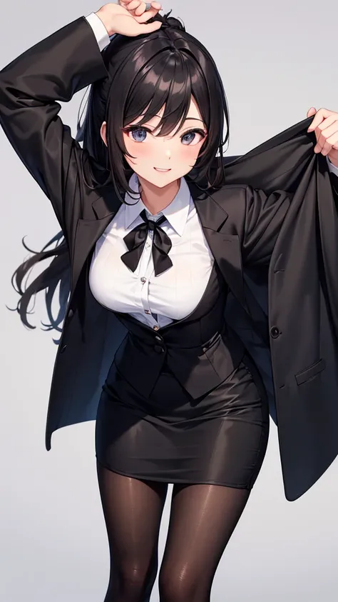 sexy older sister in a black business suit wearing a black tie　　 　　I'm tightening a small black bow tie　black pencil skirt　Brown tights　A radiant smile　 Hi-Res　 high image quality