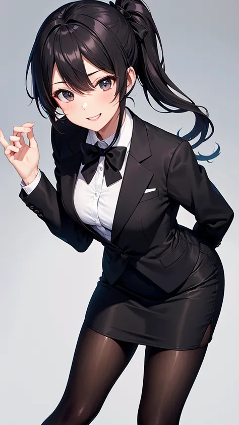 sexy older sister in a black business suit wearing a black tie　　 　　I'm tightening a small black bow tie　black pencil skirt　Brown tights　A radiant smile　 Hi-Res　 high image quality