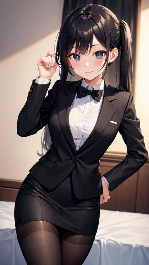 sexy older sister in a black business suit wearing a black tie　　 　　I'm tightening a small black bow tie　black pencil skirt　Brown tights　A radiant smile　 Hi-Res　 high image quality