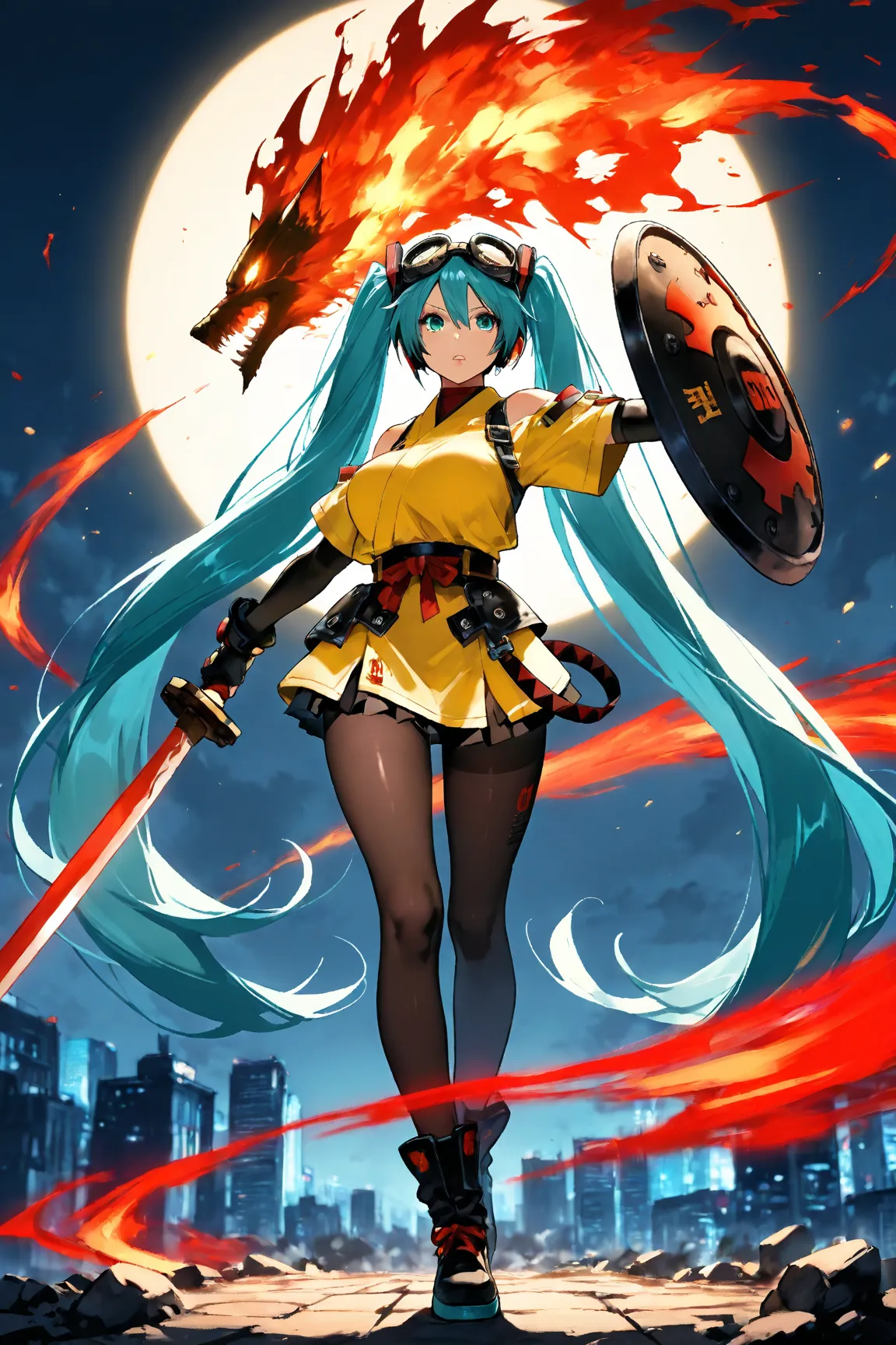    Hatsune Miku, 1 girl,   Thousands of Fury   ,  Guilty Gear,  night city , Put your ears on your hands ,  medium big breasts , chapped lips, 魅惑的な笑顔,  pantyhose, ,,  masterpiece,  top quality, big goggles on the head,combat uniform,large shield and sword,...