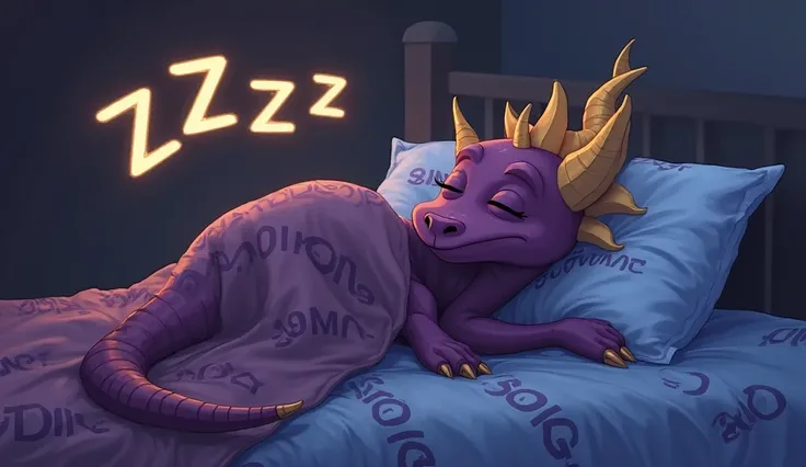 Spyro laying in bed covers the blanket with printed Words in all caps "SONY" logo on the top of the blanket, then Spyro closes his eyes and starts sleeping with the letters Zzz floating around in his Sleep when Spyro continues snoring with his eyes closed ...