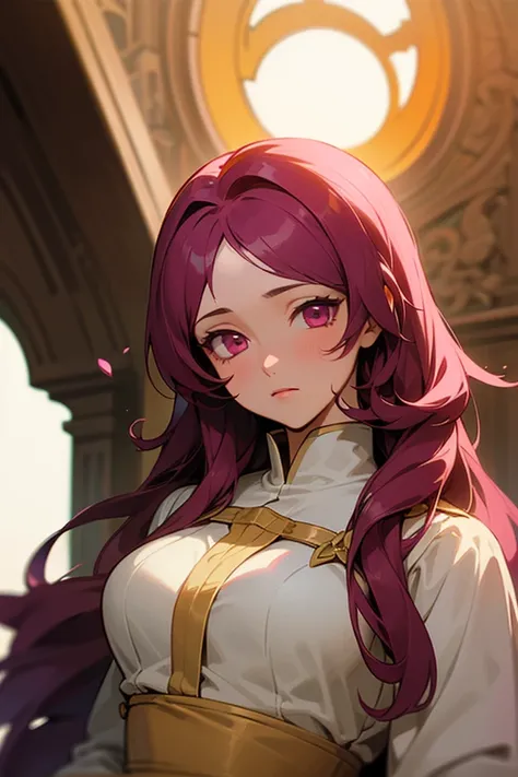 ((fire emblem)) ((Masterpiece)), ((Best quality)), young girl, dark red long hair, magenta pink eyes, sun tanned skin, wearing medieval commoner dress, and having a serene expression. manwha style