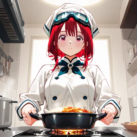 Anime-style. The 20-year-old head chef is in her 5-star kitchen, cooking in a large cast-iron pan over the stove. She is focused and professional, gazing intently at the contents of the pan. Her short red hair is neatly styled, and she wears protective gog...