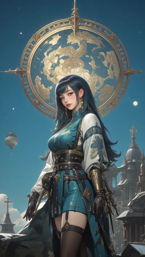 A digital painting rendered in 32K realistic photo style，above her decorated in gorgeous gold and cloud pattern，She is dressed in a tight-fitting flag robe，Shows an elegant character with long sky blue hair and gentle blue eyes。standing on the top of an en...