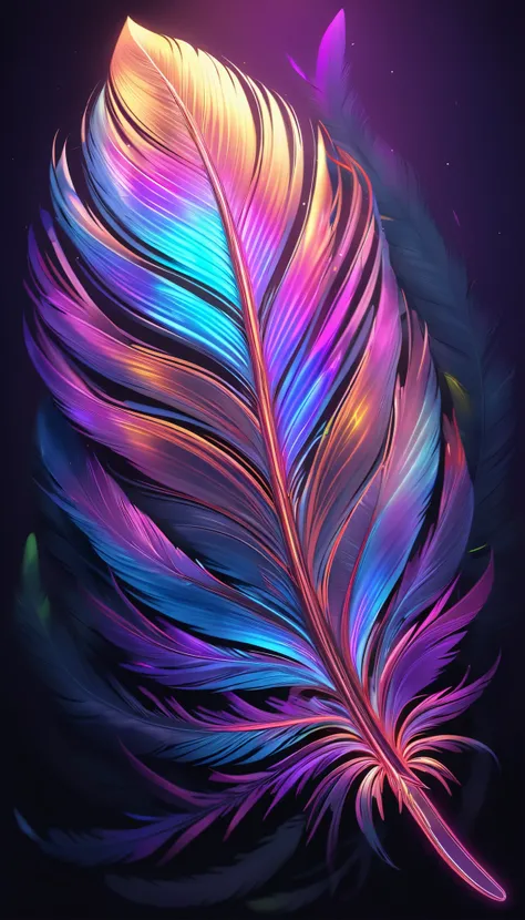 Extreme Details in Ultra High Definition, Background filled with many feathers, Phantasmal iridescent effect,  complicated and detailed, Cut out in the shape of a single feather, transparent neon art, Aesthetically create a single feather that emerges, bes...