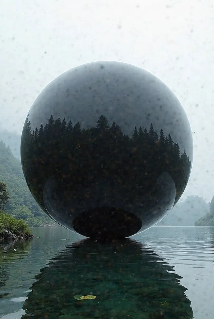 Generate an image of a 12 meter black sphere made of tinted black glass in a lakeside