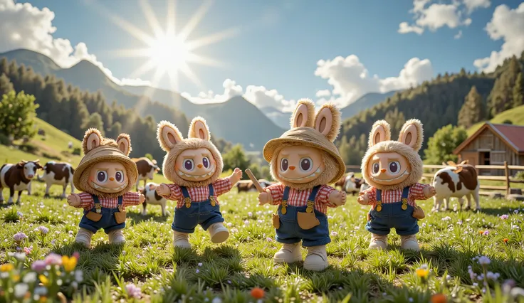 Labubu brown, pink, blue, and red dance joyfully in the middle of a lush green pasture, each dressed in charming cattle herder outfits. Their tiny bodies are wrapped in denim overalls, plaid shirts, and wide-brimmed straw hats that sit slightly tilted...