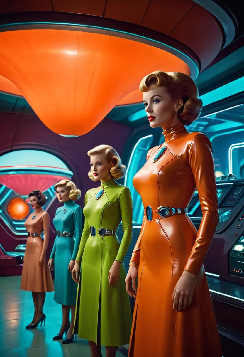 Retro futuristic, ((retro futurism)), ((Science fiction)), 1950s, (((1960s))), 1970s, (alien women),