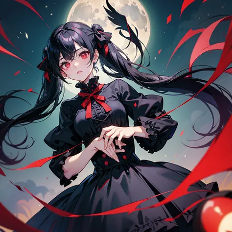 black hair red eye illustration shader beautiful woman goth lolita twin tail moonlight night