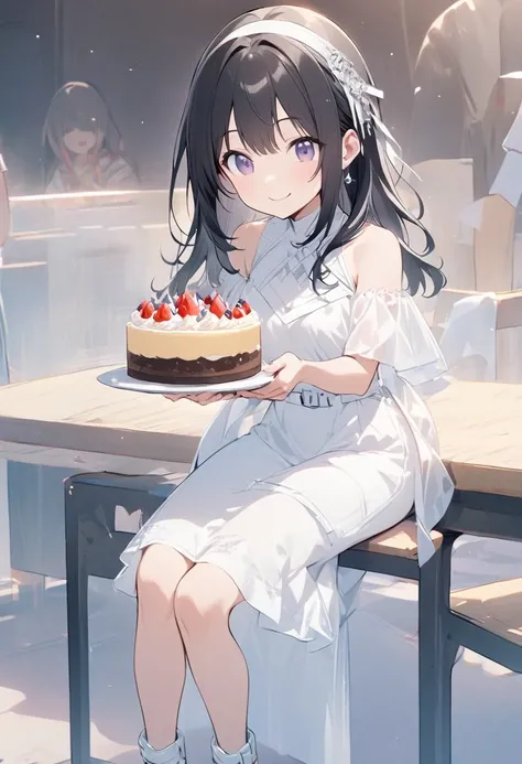 Illustration of a girl holding a cake in birthday Party alone,wearing white dress, wearing band,long black Hair,white shoe with long white stokin,sit on table,smile