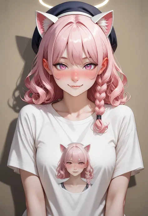 fake animal ears,  light smile, ear blush, fang, pink hair, blows,  Curly hair,  side braid, halo, beret, animal ears, cat ears, Surrealism, projected shadow, anáglifo, Stereogram, tachi-e, to throw, atmospheric perspective, 8K, super detail,  Precise, t-s...