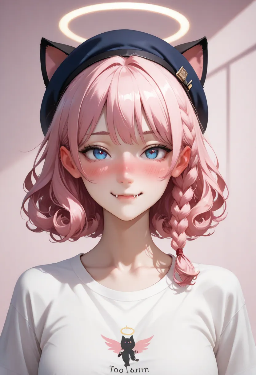 fake animal ears,  light smile, ear blush, fang, pink hair, blows,  Curly hair,  side braid, halo, beret, animal ears, cat ears, Surrealism, projected shadow, anáglifo, Stereogram, tachi-e, to throw, atmospheric perspective, 8K, super detail,  Precise, t-s...