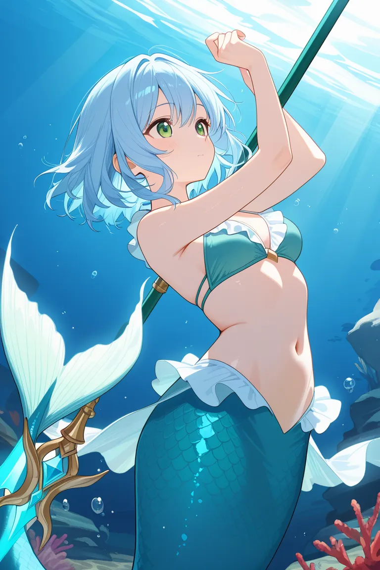  top quality,   super high definition,   ((  girls on the left)),seabed、 has a large three-tipped spear 、 long wavy light blue hair、 green eye、Mermaid、  Upper Body Bikini  、Lower body tail fin 