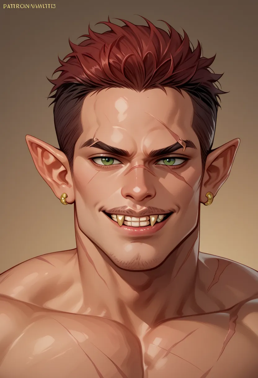 Tall, ruggedly handsome man, late twenties. Dark red hair, short mullet. Green eyes, scar across his left brow. Gold ear piercings. Pointed ears. Cocky grin, with fangs. 