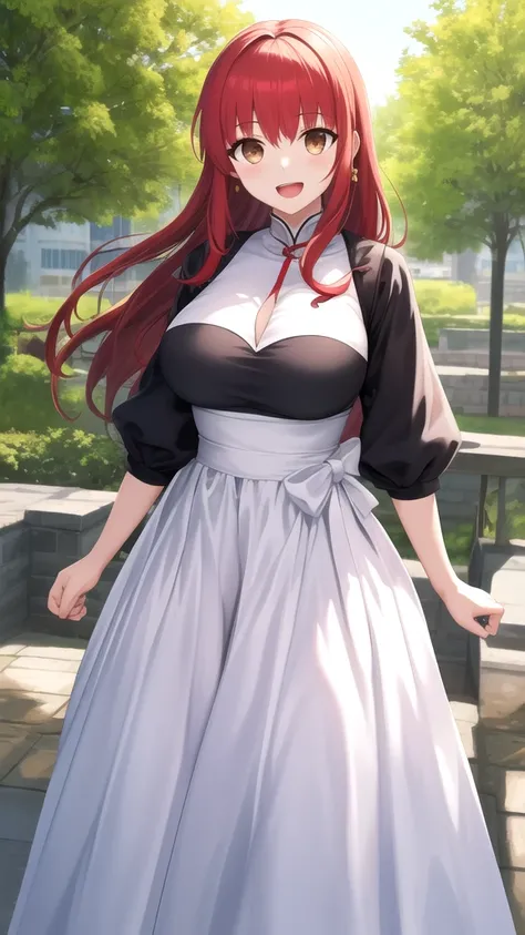 masterpiece, best quality, highres, girl, solo, looking at viewer, Shirou Emiya, Red hair, Brown Eyes, large breasts, Genshin Impact cosplay, princess Dress, standing, smile, open mouth, outdoors 