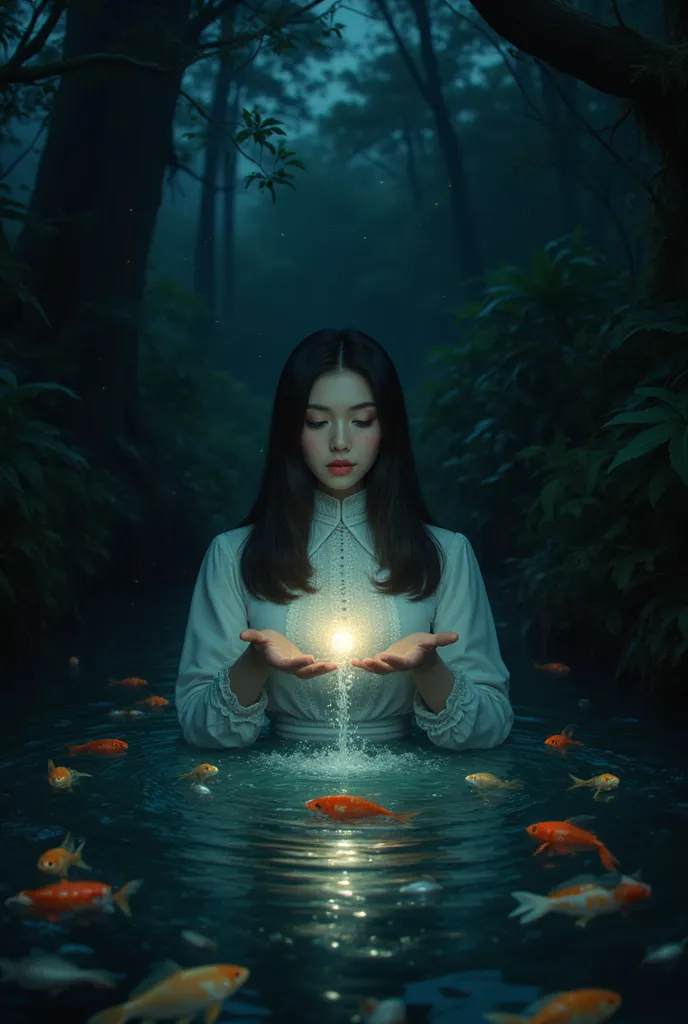 (highly detailed, realistic photo, realistic skin texture), 8K, A dark night, a mysterious forest pond, a young woman who enters the pond and opens the water with her hands, a white dress, a mysterious light in the water in her hands, Close-up of her front...