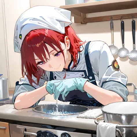 Anime-style. The 20-year-old head chef is washing dishes at a large sink in her 5-star kitchen. She is wearing cleaning gloves, with a slight smile on her face, as she carefully scrubs the dishes. Her short red hair is slightly messy from the heat of the k...