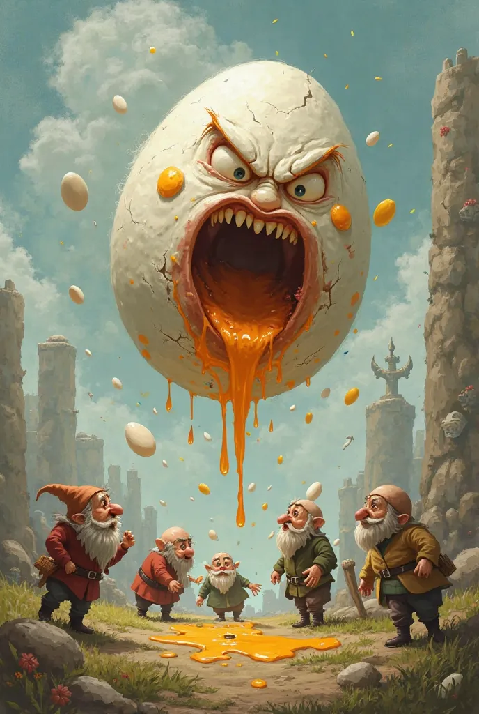 Angry egg throwing eggs at dwarfs