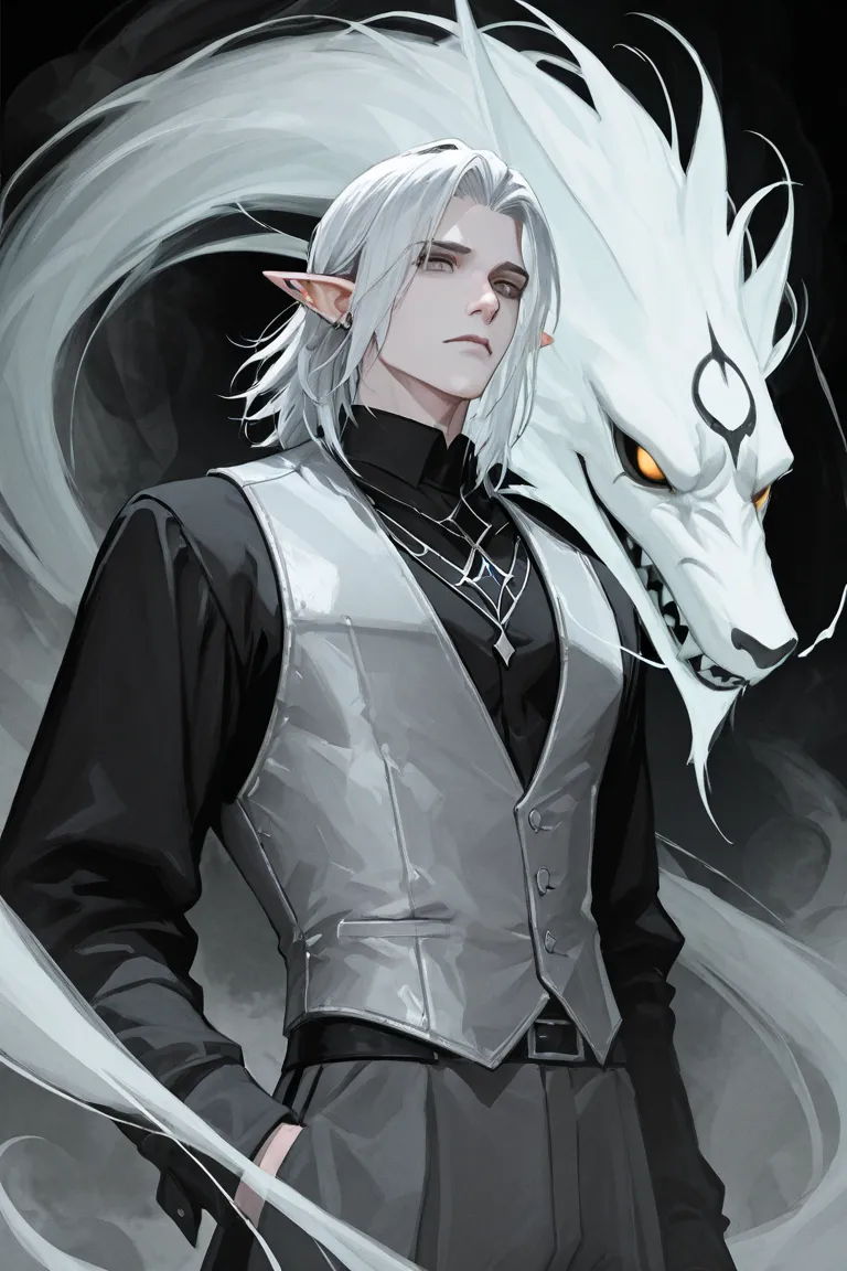 A strikingly handsome young male elf with an **ethereal, almost fully translucent white complexion**, as if he were a ghost or a being from another realm. His short, straight, parted white hair emits a **soft, wispy white smoke** that drifts upward. His **...