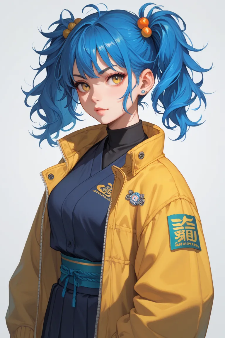 japanese 23 year old girl hair short in pigtails, blue hair with bright yellow streaks, giving her a bold and energetic look. Her bangs frame her sharp, intense eyes, her slightly messy hair stands out more, and her ears—possibly pierced—are visible.  her ...