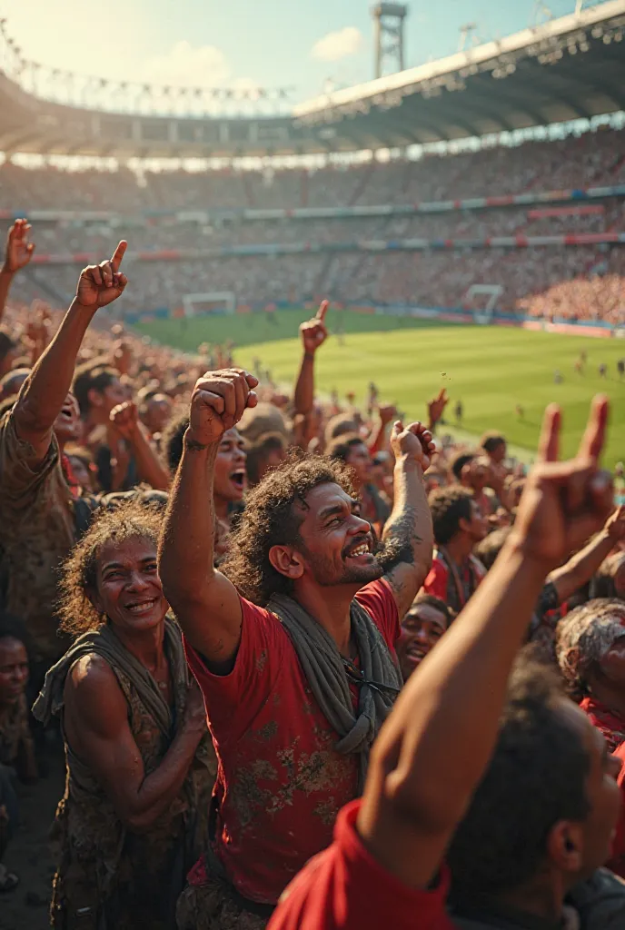 I want a picture of fans suffering from extreme poverty and yet cheering for the football team in a big stadium with enthusiasm