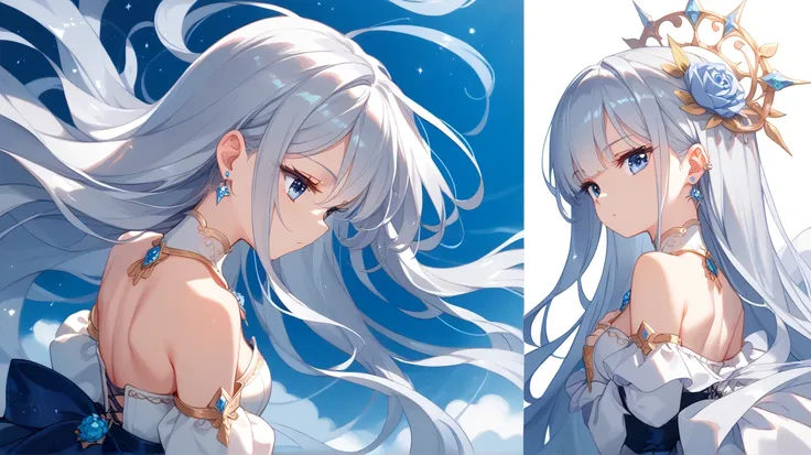 Masterpiece, 1girl, Three-sided view,(back shot, from side, from above), absurdly long silver hair, fluttering hair, blue eyes