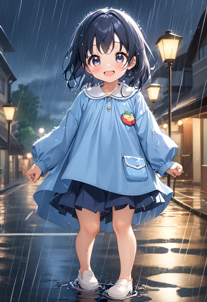 absurd, ５age, Kindergarten Mom Clothes, blue smock,  dark blue skirt ,  cute, Heavy Rain, It's raining really hard, wet, Street lamp, Lively, fun,   best smile,  wetスモックを着て , Water-wet Smock, wet,  wet skirt, 