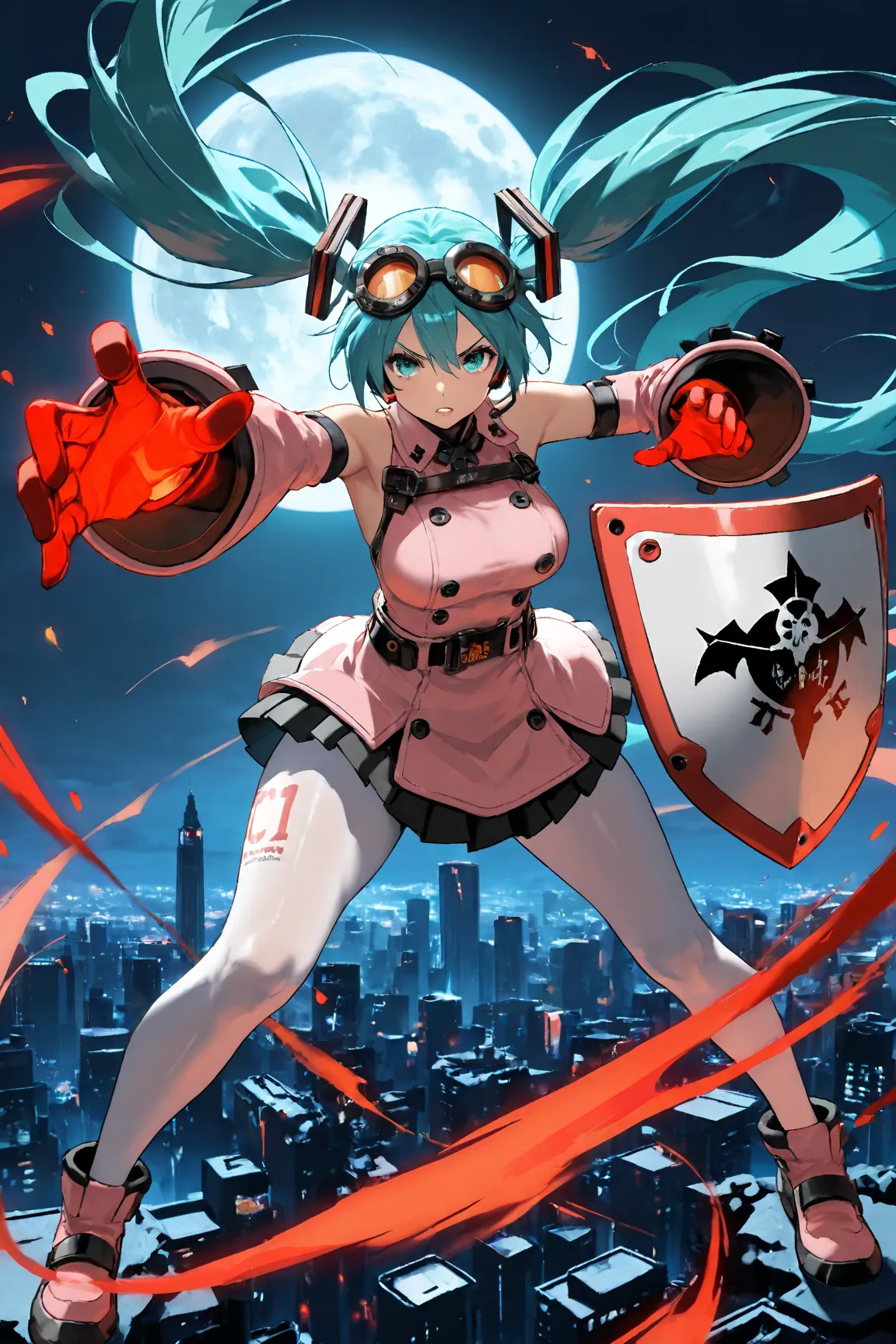    Hatsune Miku, 1 girl,   Thousands of Fury   ,  Guilty Gear,  night city , Put your ears on your hands ,  medium big breasts , chapped lips, 魅惑的な笑顔,  White pantyhose, ,,  masterpiece,  top quality, big goggles on the head,combat uniform,large shield and ...