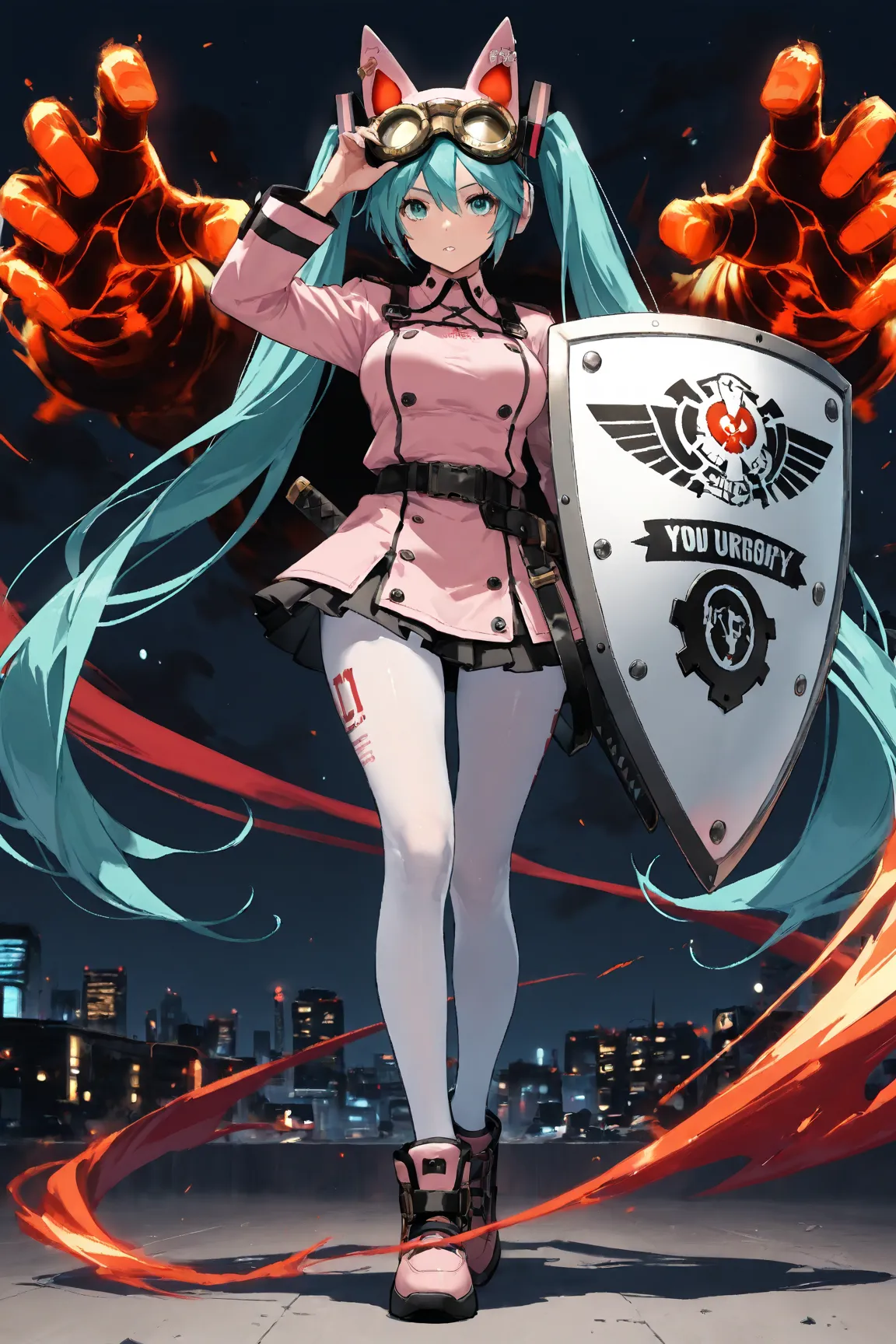    Hatsune Miku, 1 girl,   Thousands of Fury   ,  Guilty Gear,  night city , Put your ears on your hands ,  medium big breasts , chapped lips, 魅惑的な笑顔,  White pantyhose, ,,  masterpiece,  top quality, big goggles on the head,combat uniform,large shield and ...