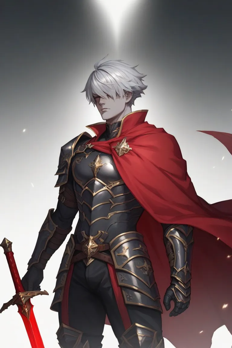 Humanoid creature, gray skin, silver hair, eyeless, red cape, black armor, holding a red sword 