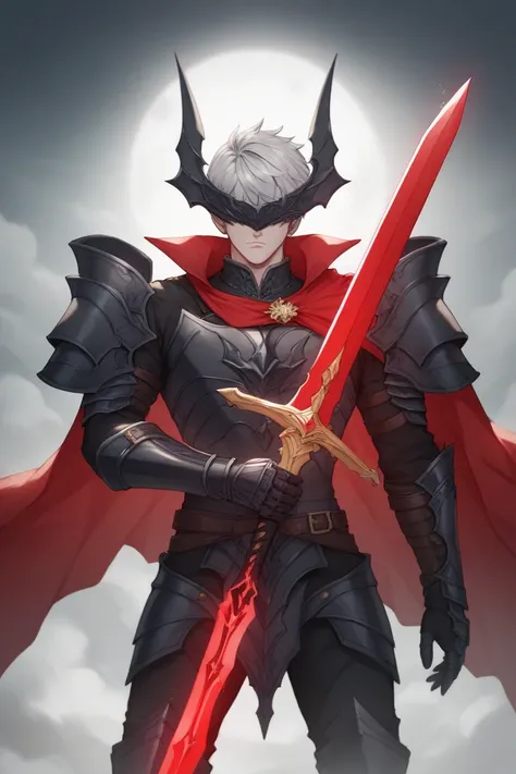 Humanoid creature, gray skin, silver hair, eyeless, red cape, black armor, holding a red sword 