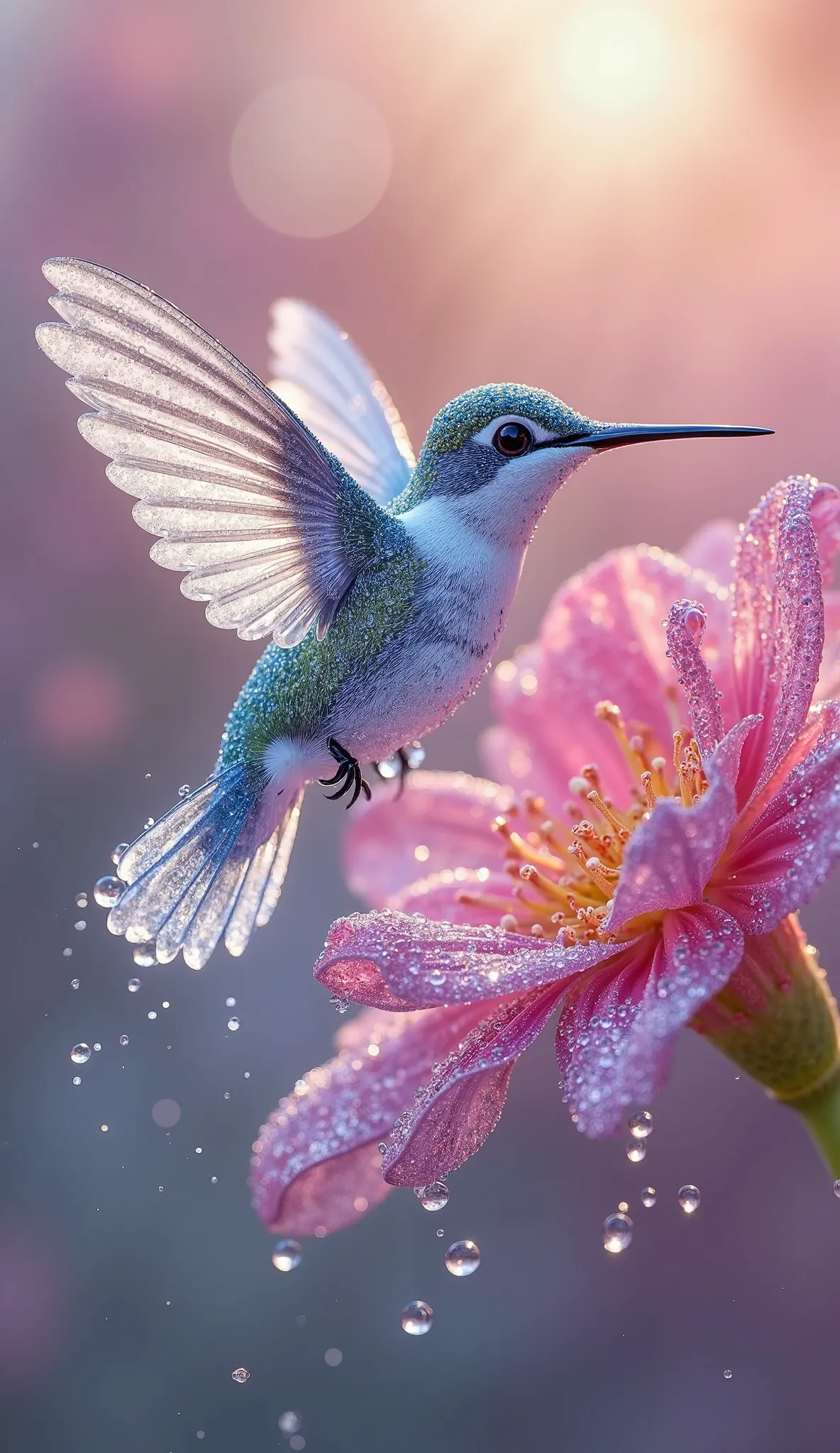 An ultra-realistic 8K depiction of a mesmerizing hummingbird, sculpted entirely from crystalline water droplets, frozen in mid-air. Its transparent, fluid body glistens as sunlight refracts through its liquid form, creating dazzling prismatic highlights. E...