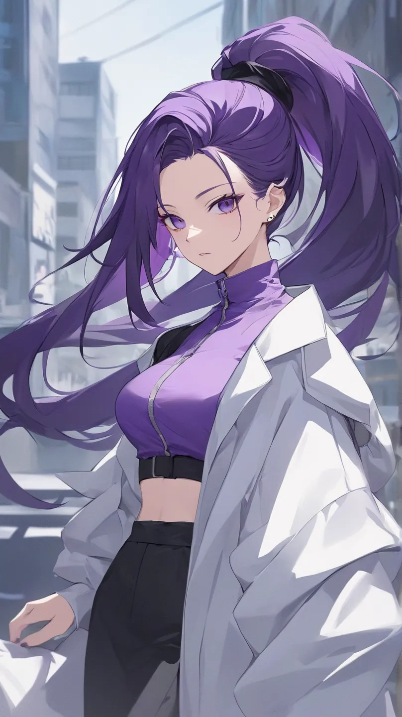 High Quality, Asahina Mafuyu, long hair, cool, hair color purple, no background, yohj yamamoto coordinate, no skirt, mode fashion,  black white coordinate, no earring, ponytail