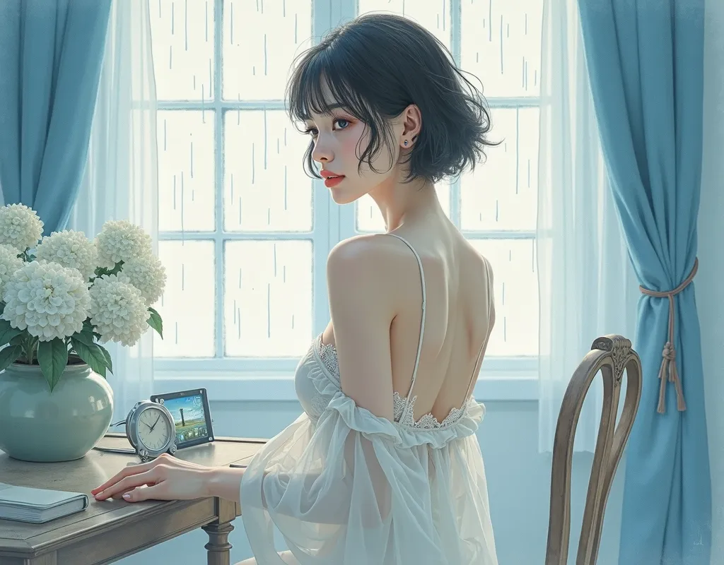 A delicate Japanese woman with a slender figure and flawless skin is portrayed from behind in a soft watercolor portrait style. Her short hair gently frames her neck, and she wears a seductive, lace-trimmed negligee that drapes gracefully over her shoulder...