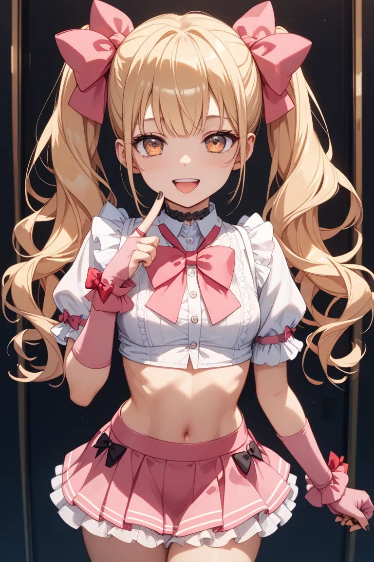  eye color is orange、blonde twintails、A face with saggy eyes and a quiet impression、Black nails、I'm wearing open finger gloves、My abs are fluttering 、 Yandere Expression 、pink minefield fashion girl、 pink ruffle mini skirt、Black ribbons and chokers、backgro...