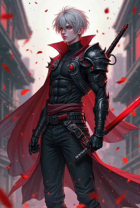 Warrior Man, short white hair, red eyes, team high resolution, team high resolution, masterpiece, silhouette, dotted, anime style, anime, black clothes, red sword, estilo Solo Leveling