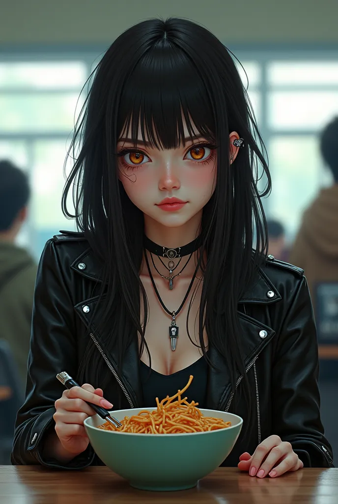 A girl, , black Hair down to your shoulders, A short cable coming out of the earlobes and a plug at the end of the cable have a jack, wearing punk clothes, eating ramen in school cafeteria