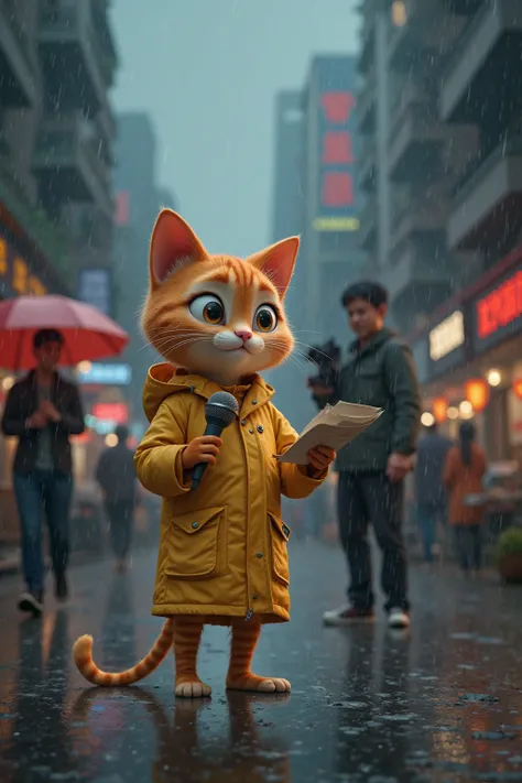 In 3d Pixar animation.
Character, a slim orange girl tabby cat dressing upwith a raincoat
Action, holding a microphone and a script.A camera man is standing in front of the cat recording. 
Background, heavy rain and thunderstorm along the street of Taipei....