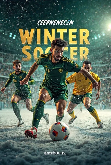 Create a flyer design for a winter soccer championship,  using vibrant colors  (green, black and gold), with players in action in an arena, crowd using themed outerwear and discreet snow effects on the background. Include a logo with a stylized soccer ball...